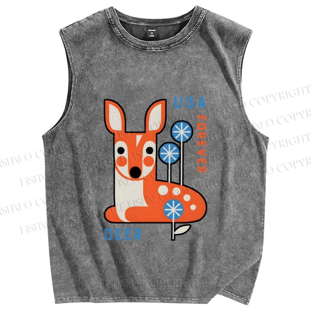 Unisex Cute Deer Printed Washed Tank Top