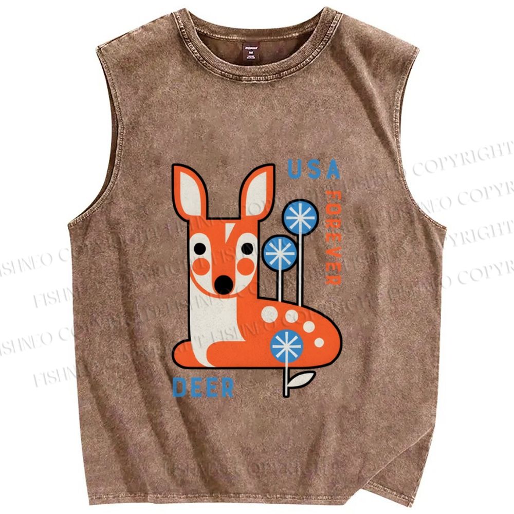 Unisex Cute Deer Printed Washed Tank Top