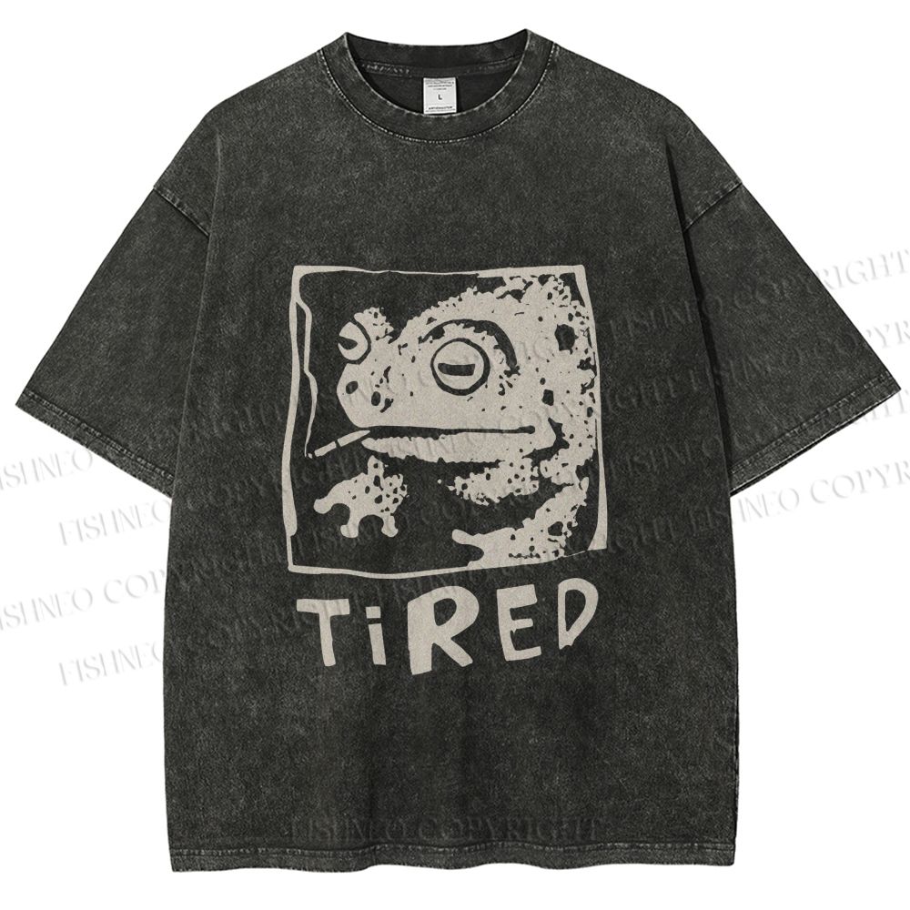 Unisex Tired Frog Smoking Printed Washed Tee