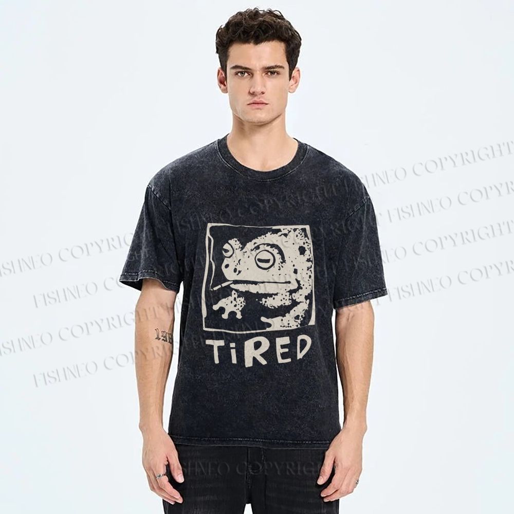 Unisex Tired Frog Smoking Printed Washed Tee