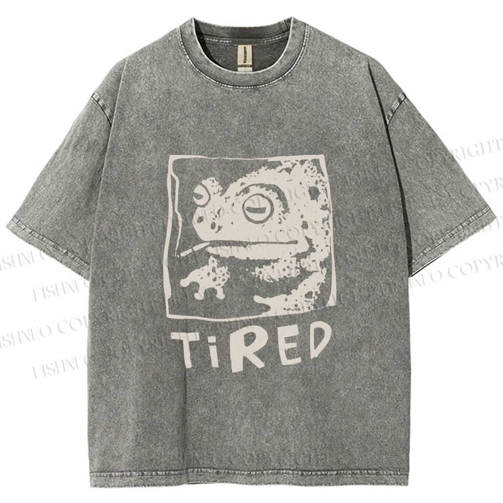 Unisex Tired Frog Smoking Printed Washed Tee