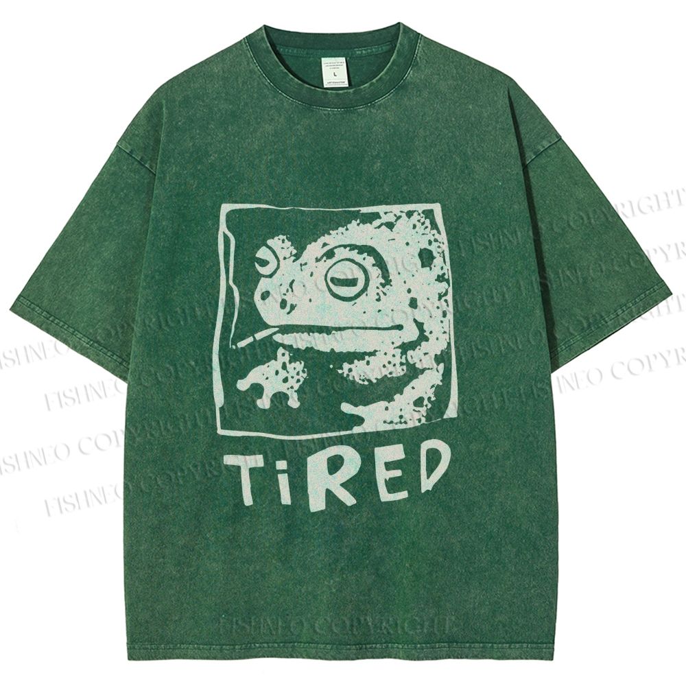Unisex Tired Frog Smoking Printed Washed Tee