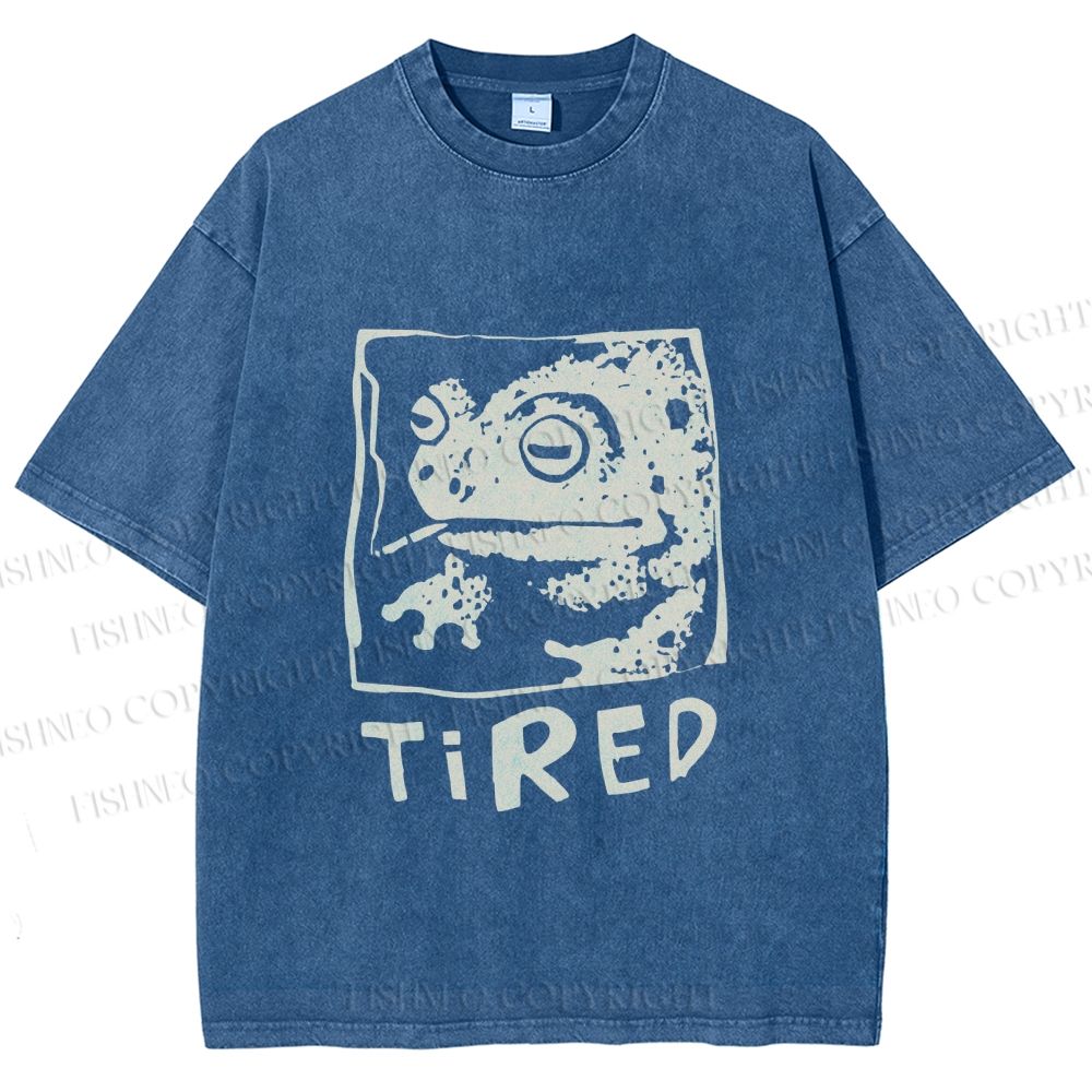 Unisex Tired Frog Smoking Printed Washed Tee
