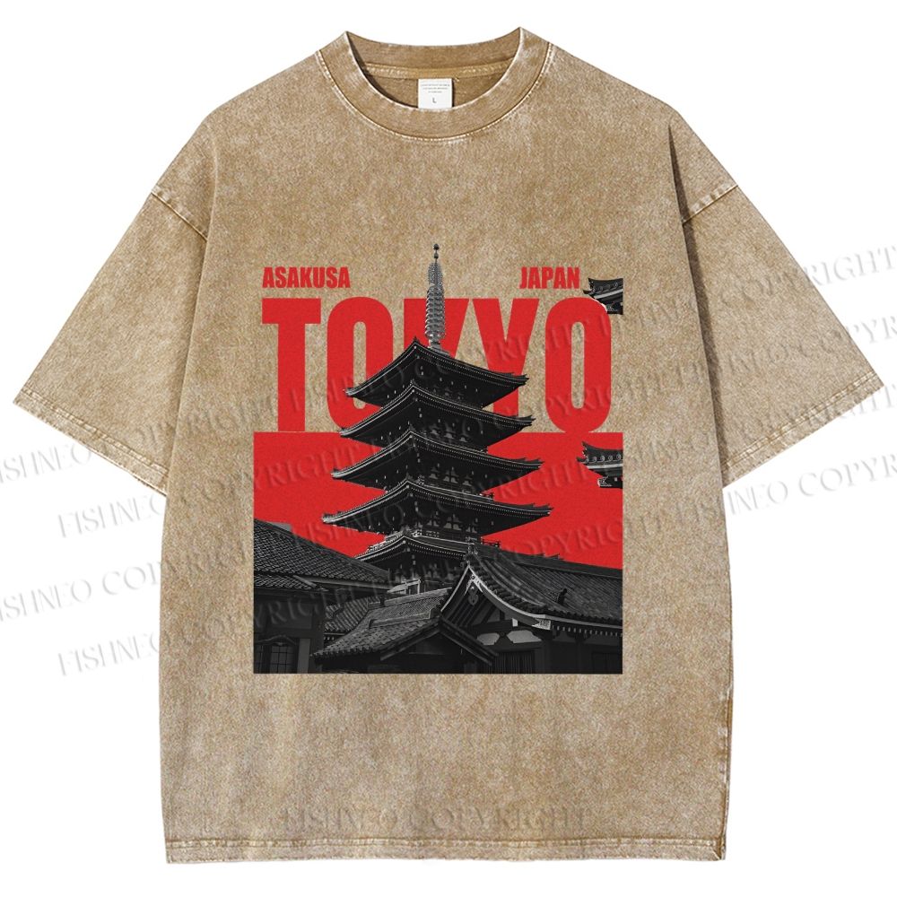Unisex Japanese Tokyo Printed Washed Tee