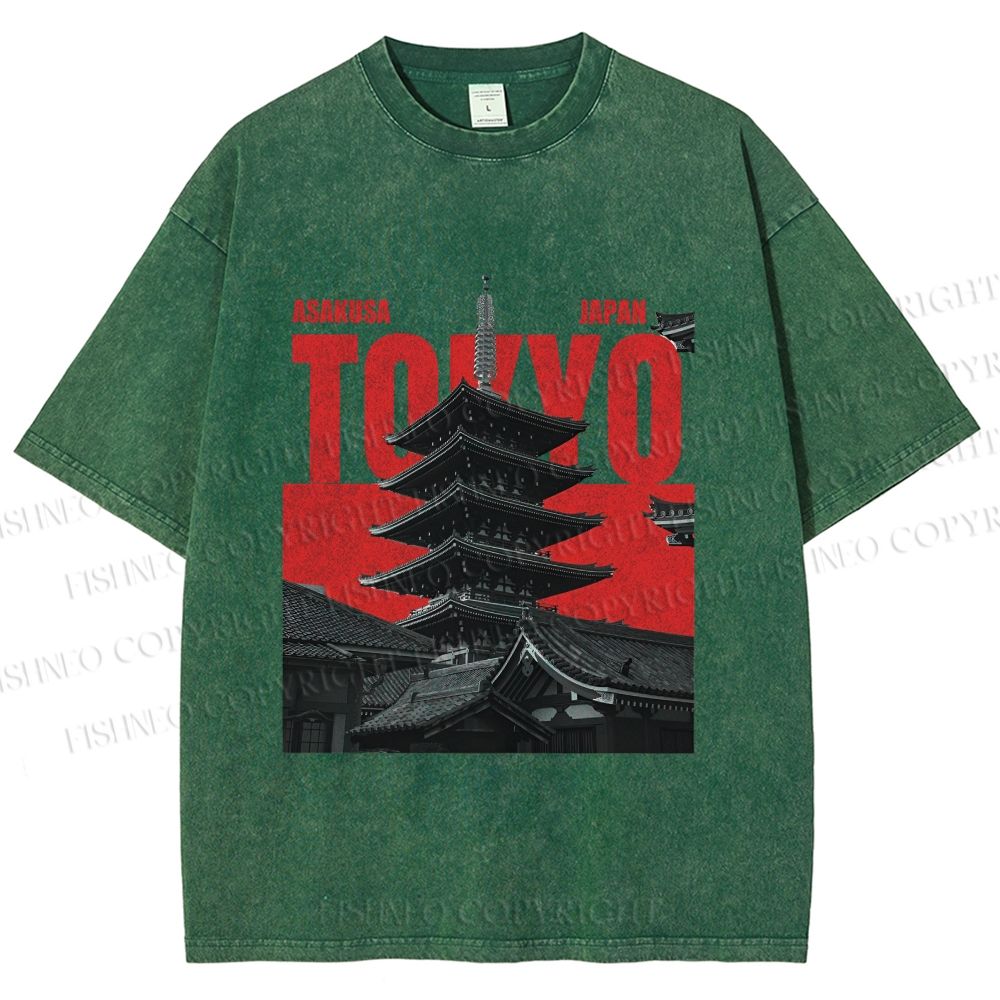 Unisex Japanese Tokyo Printed Washed Tee