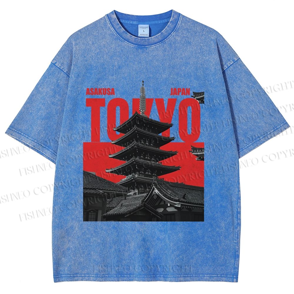Unisex Japanese Tokyo Printed Washed Tee