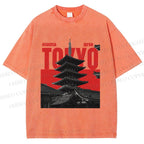 Unisex Japanese Tokyo Printed Washed Tee