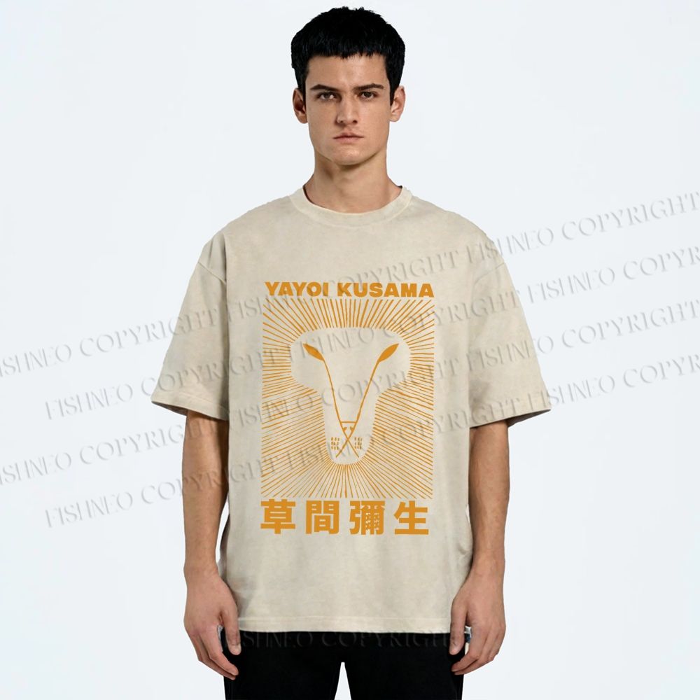 Unisex Yayoi Kusama Line Lion Printed Washed Tee