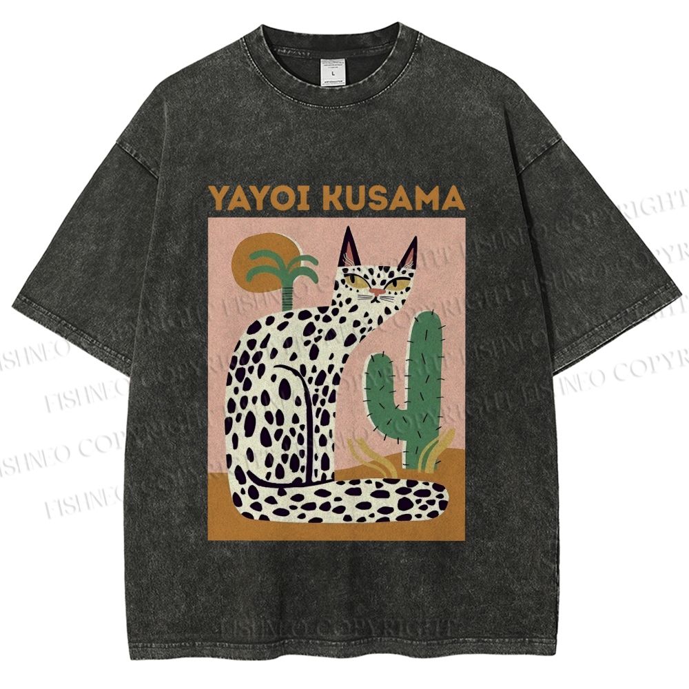 Unisex Yayoi Kusama Black Dots Cat Printed Washed Tee