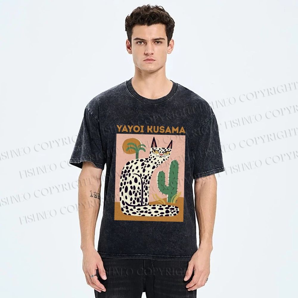 Unisex Yayoi Kusama Black Dots Cat Printed Washed Tee