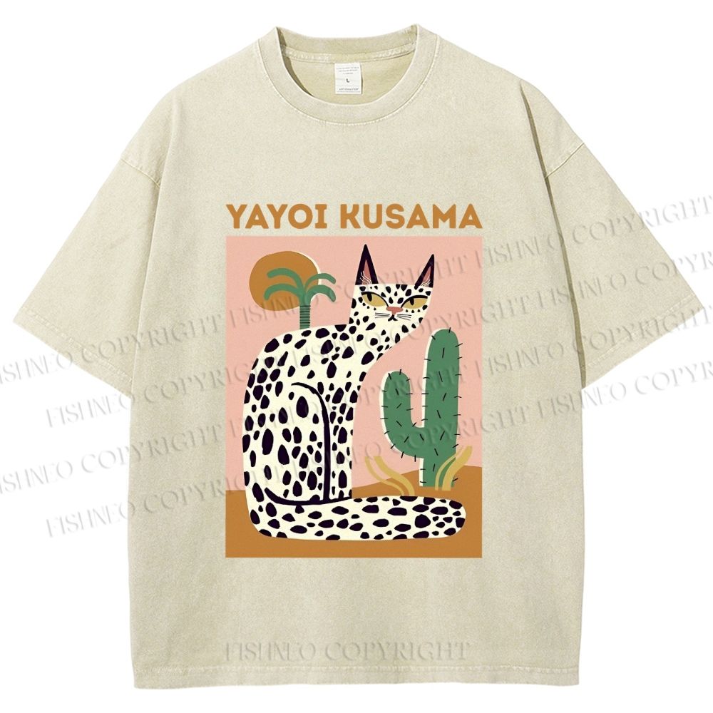 Unisex Yayoi Kusama Black Dots Cat Printed Washed Tee