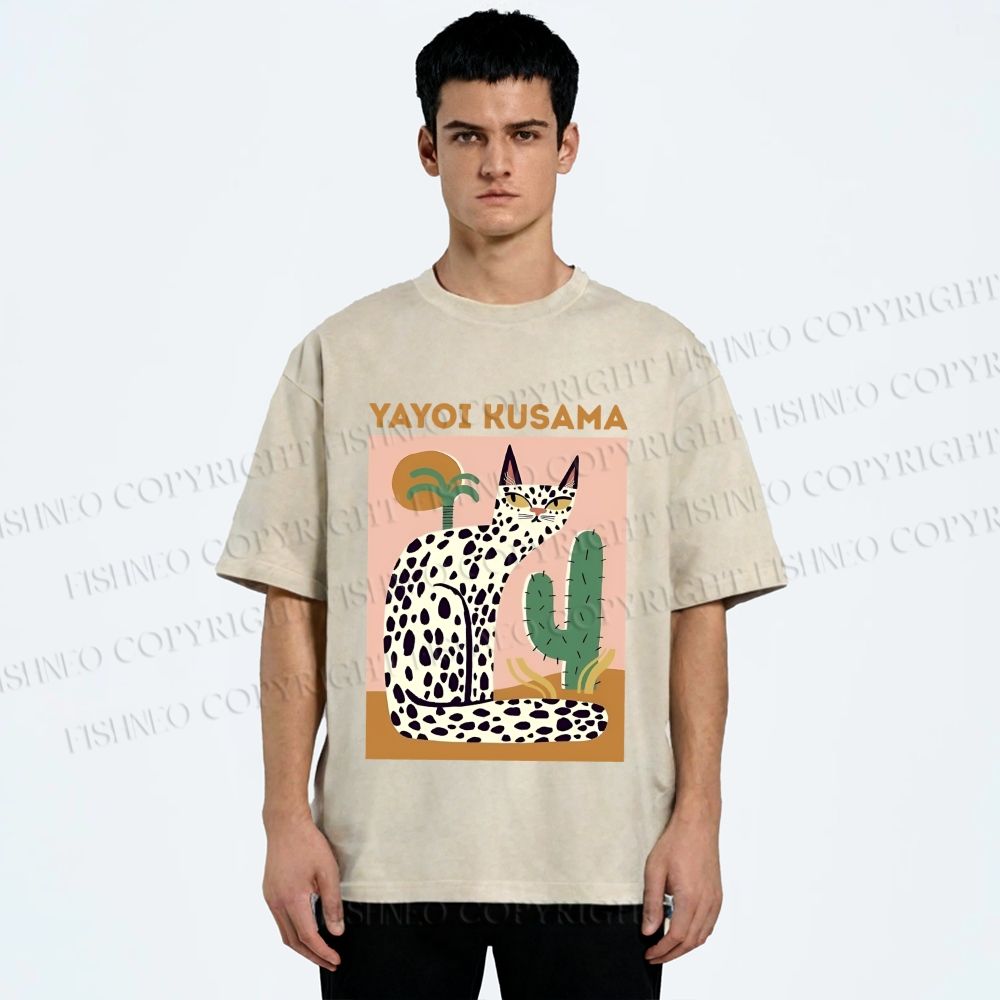 Unisex Yayoi Kusama Black Dots Cat Printed Washed Tee