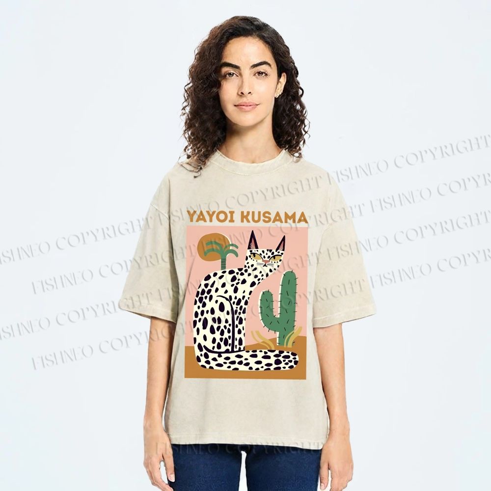Unisex Yayoi Kusama Black Dots Cat Printed Washed Tee
