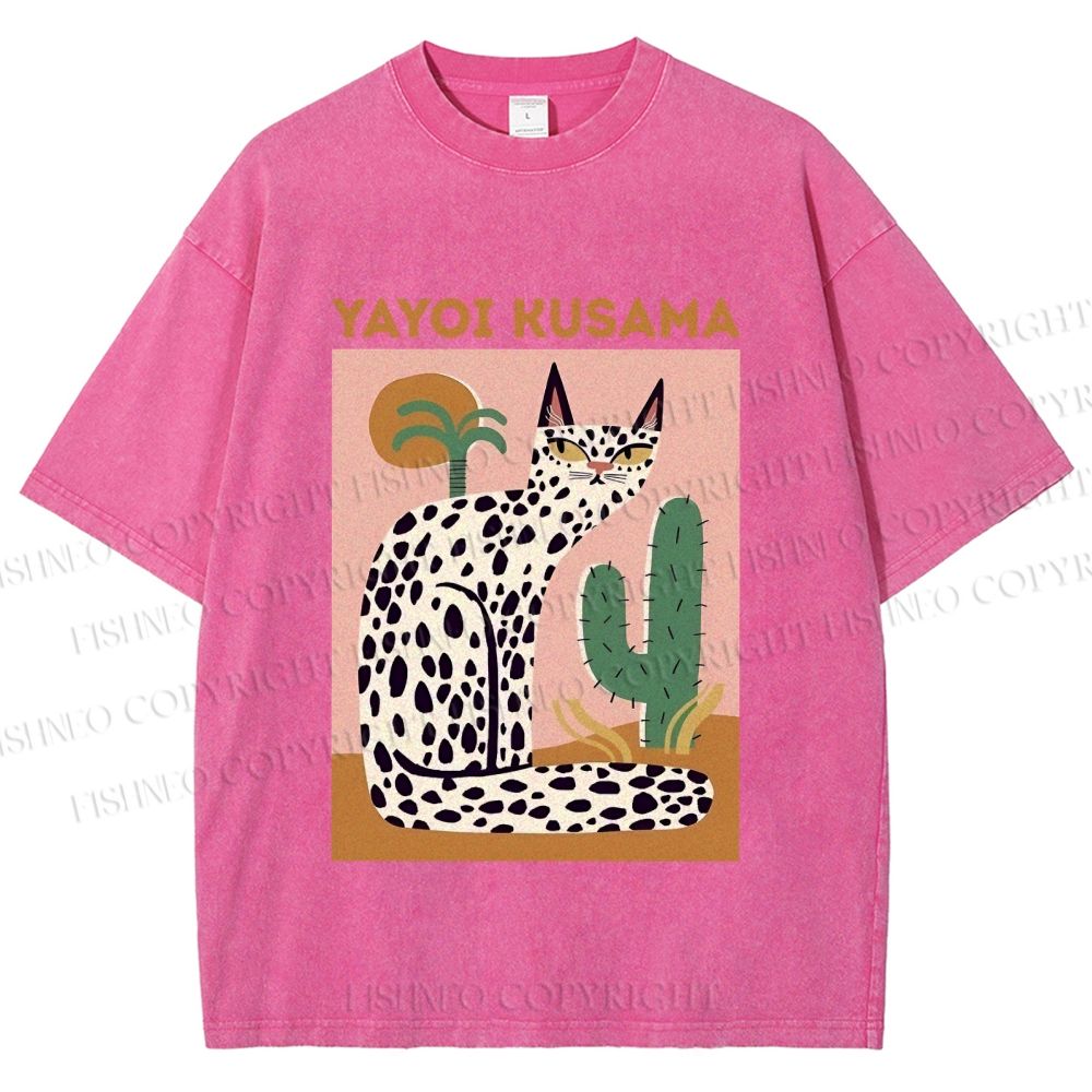 Unisex Yayoi Kusama Black Dots Cat Printed Washed Tee