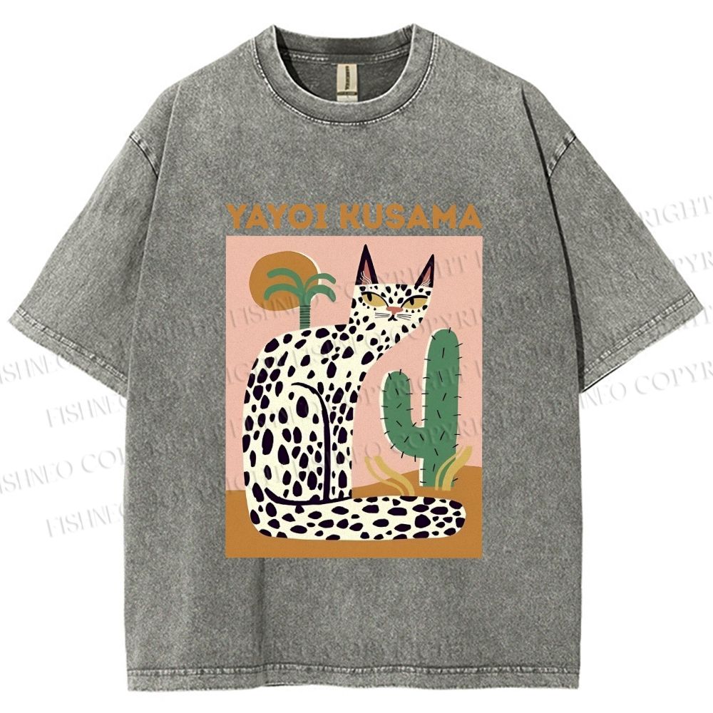 Unisex Yayoi Kusama Black Dots Cat Printed Washed Tee