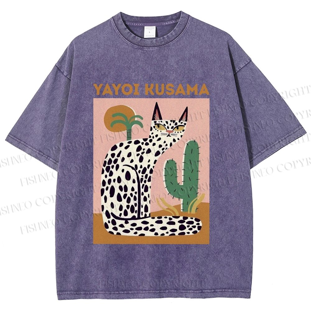 Unisex Yayoi Kusama Black Dots Cat Printed Washed Tee