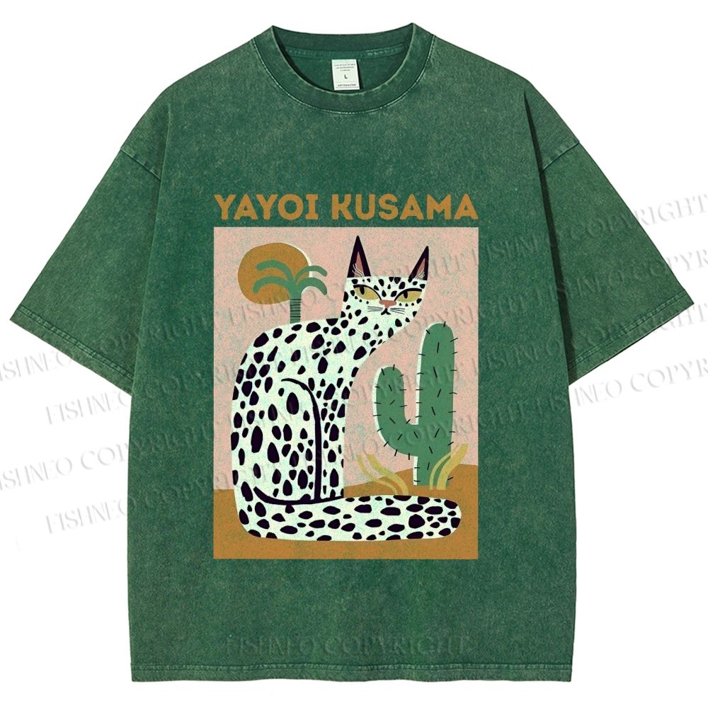 Unisex Yayoi Kusama Black Dots Cat Printed Washed Tee
