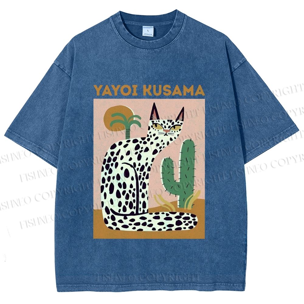 Unisex Yayoi Kusama Black Dots Cat Printed Washed Tee