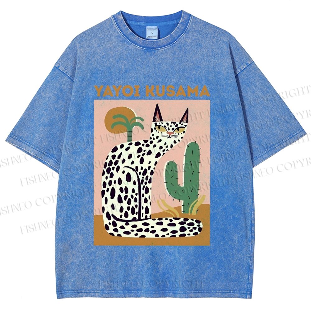 Unisex Yayoi Kusama Black Dots Cat Printed Washed Tee