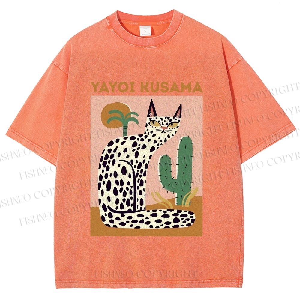 Unisex Yayoi Kusama Black Dots Cat Printed Washed Tee