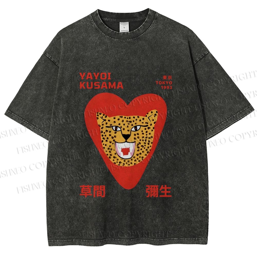 Unisex Yayoi Kusama Silly Panther in Heart Printed Washed Tee