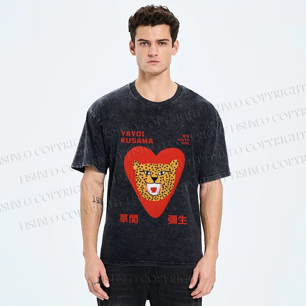 Unisex Yayoi Kusama Silly Panther in Heart Printed Washed Tee