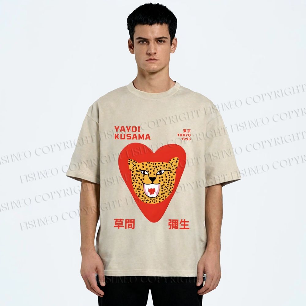 Unisex Yayoi Kusama Silly Panther in Heart Printed Washed Tee