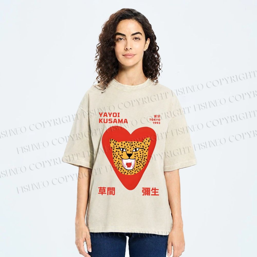 Unisex Yayoi Kusama Silly Panther in Heart Printed Washed Tee