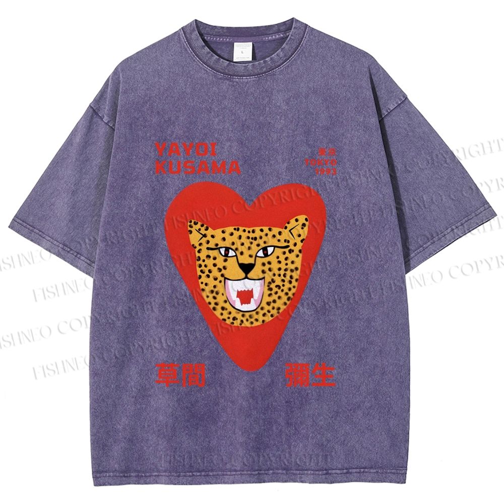 Unisex Yayoi Kusama Silly Panther in Heart Printed Washed Tee