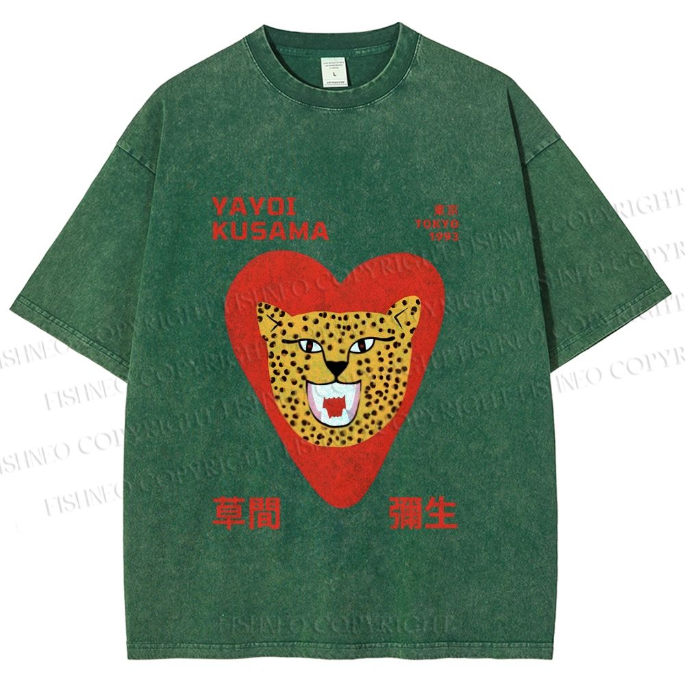 Unisex Yayoi Kusama Silly Panther in Heart Printed Washed Tee