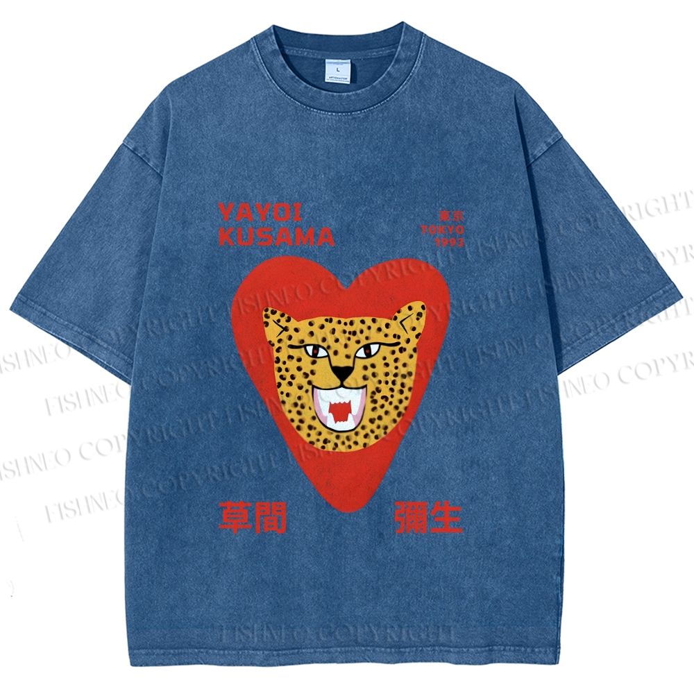 Unisex Yayoi Kusama Silly Panther in Heart Printed Washed Tee