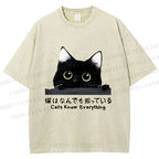 Unisex All-Knowing Black Cat Printed Washed Tee