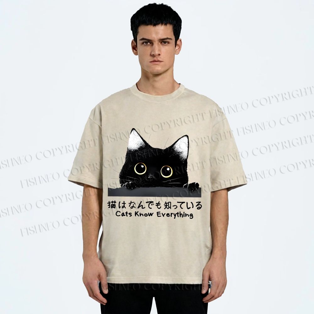 Unisex All-Knowing Black Cat Printed Washed Tee