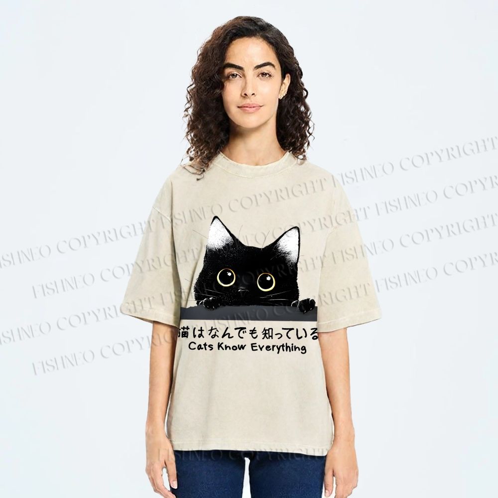 Unisex All-Knowing Black Cat Printed Washed Tee