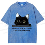 Unisex All-Knowing Black Cat Printed Washed Tee