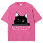 Unisex All-Knowing Black Cat Printed Washed Tee
