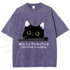 Unisex All-Knowing Black Cat Printed Washed Tee