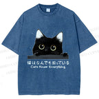 Unisex All-Knowing Black Cat Printed Washed Tee