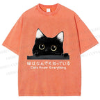 Unisex All-Knowing Black Cat Printed Washed Tee