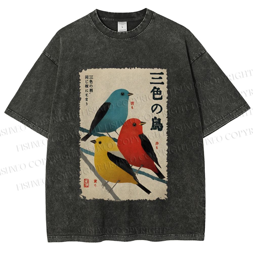 Unisex Tri-Color Birds Ukiyo-e Printed Washed Tee