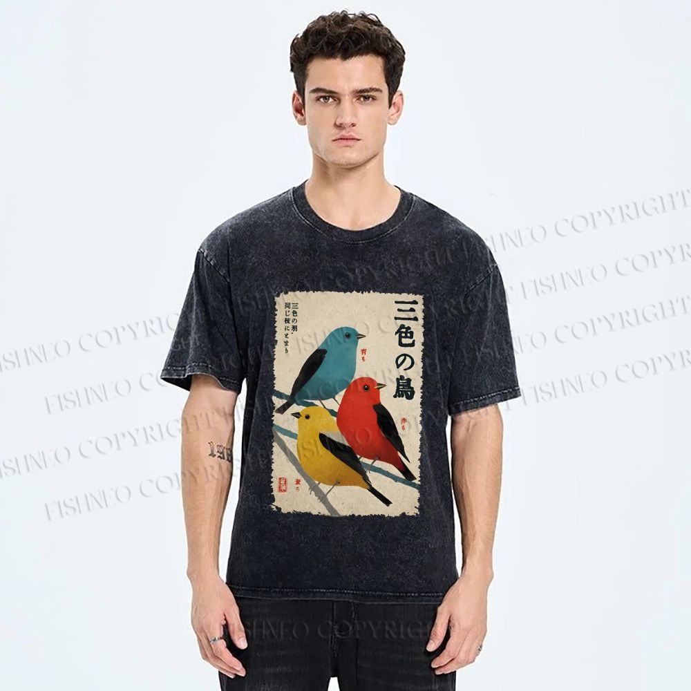 Unisex Tri-Color Birds Ukiyo-e Printed Washed Tee
