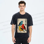 Unisex Tri-Color Birds Ukiyo-e Printed Washed Tee