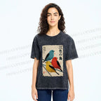 Unisex Tri-Color Birds Ukiyo-e Printed Washed Tee