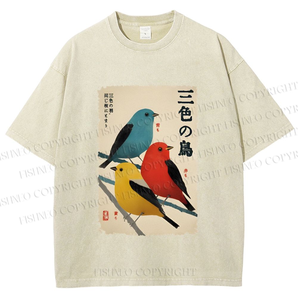 Unisex Tri-Color Birds Ukiyo-e Printed Washed Tee