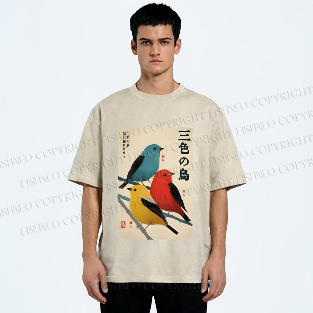 Unisex Tri-Color Birds Ukiyo-e Printed Washed Tee