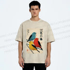 Unisex Tri-Color Birds Ukiyo-e Printed Washed Tee