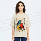 Unisex Tri-Color Birds Ukiyo-e Printed Washed Tee