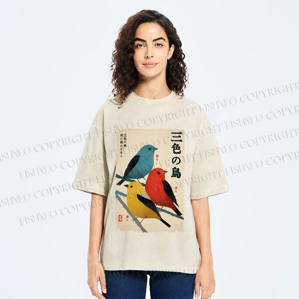 Unisex Tri-Color Birds Ukiyo-e Printed Washed Tee