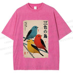 Unisex Tri-Color Birds Ukiyo-e Printed Washed Tee