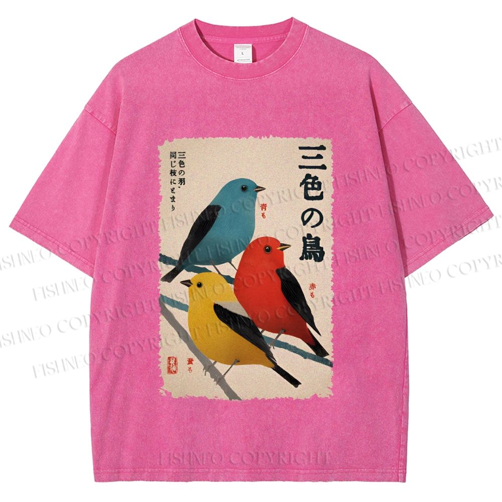 Unisex Tri-Color Birds Ukiyo-e Printed Washed Tee